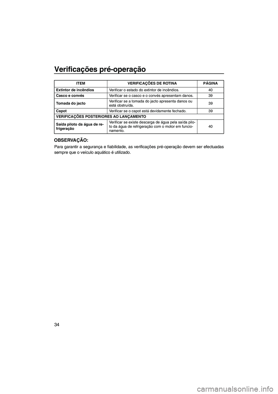 YAMAHA SUPERJET 2010 Manual de utilização (in Portuguese) Verificações pré-operação
34
OBSERVAÇÃO:
Para garantir a segurança e fiabilidade, as verificações pré-operação devem ser efectuadas
sempre que o veículo aquático é utilizado.
Extintor YAMAHA SUPERJET 2010 Manual de utilização (in Portuguese) Verificações pré-operação
34
OBSERVAÇÃO:
Para garantir a segurança e fiabilidade, as verificações pré-operação devem ser efectuadas
sempre que o veículo aquático é utilizado.
Extintor