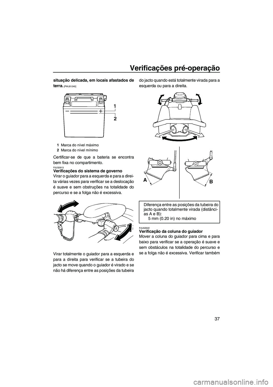 YAMAHA SUPERJET 2010  Manual de utilização (in Portuguese) Verificações pré-operação
37
situação delicada, em locais afastados de
terra.
 [PWJ01240]
Certificar-se de que a bateria se encontra
bem fixa no compartimento.
PJU32613Verificações do sistema