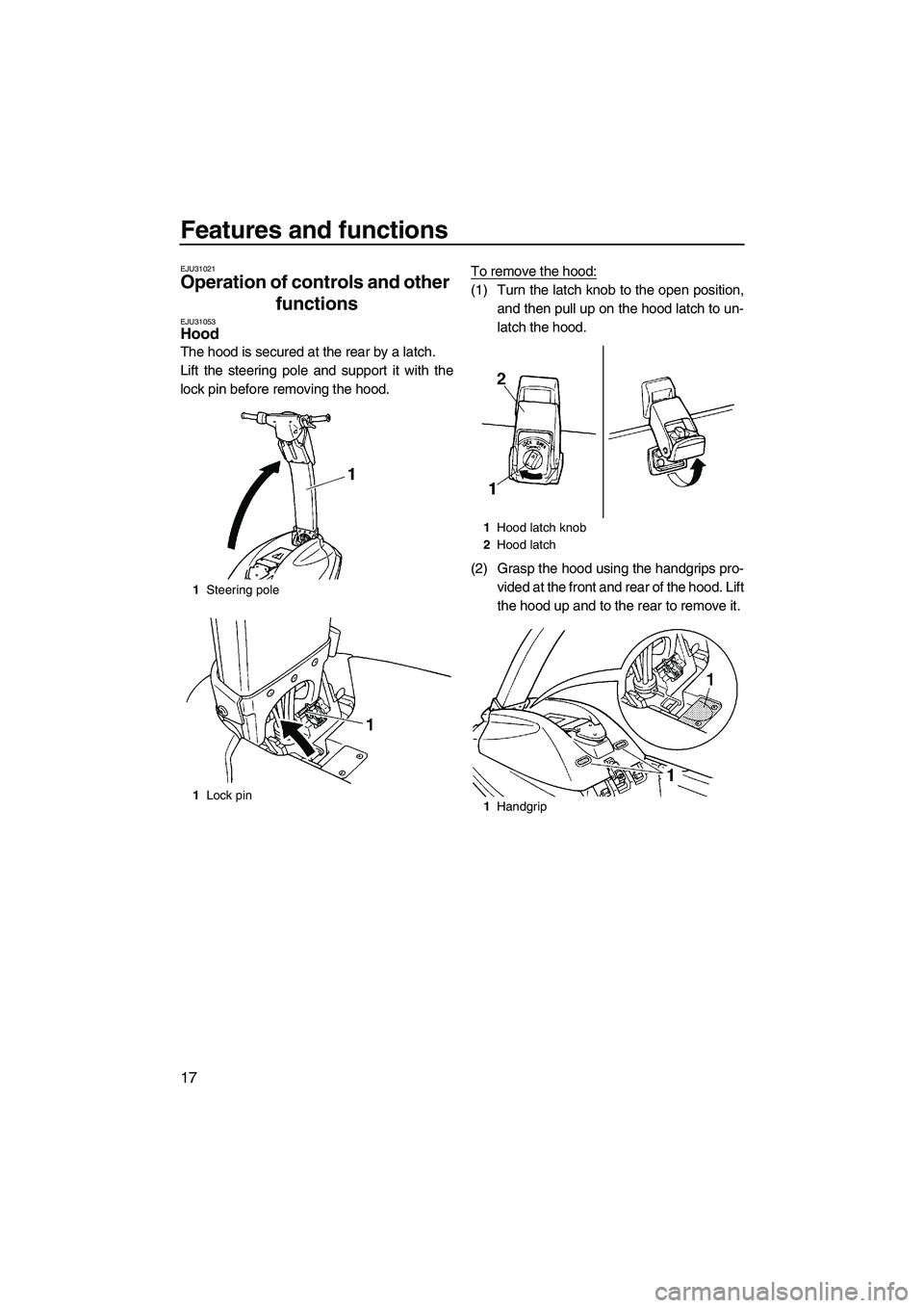 YAMAHA SUPERJET 2009 Owners Manual Features and functions
17
EJU31021
Operation of controls and other
functions
EJU31053Hood
The hood is secured at the rear by a latch.
Lift the steering pole and support it with the
lock pin before YAMAHA SUPERJET 2009 Owners Manual Features and functions
17
EJU31021
Operation of controls and other
functions
EJU31053Hood
The hood is secured at the rear by a latch.
Lift the steering pole and support it with the
lock pin before