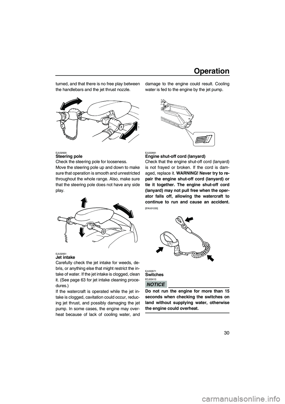 YAMAHA SUPERJET 2009  Owners Manual Operation
30
turned, and that there is no free play between
the handlebars and the jet thrust nozzle.
EJU32620Steering pole 
Check the steering pole for looseness.
Move the steering pole up and down t