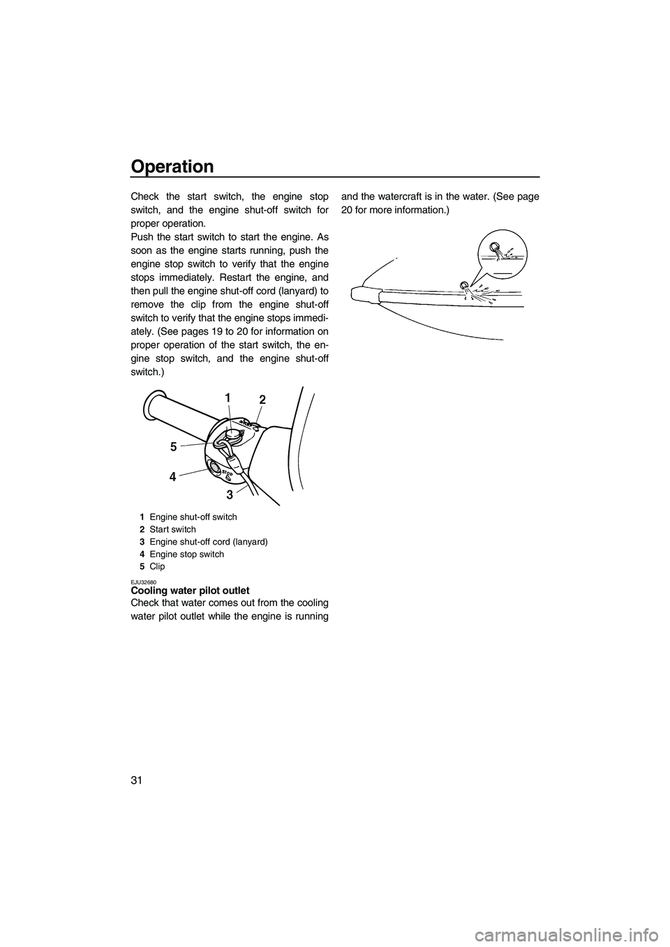 YAMAHA SUPERJET 2009 Owners Guide Operation
31
Check the start switch, the engine stop
switch, and the engine shut-off switch for
proper operation.
Push the start switch to start the engine. As
soon as the engine starts running, push 