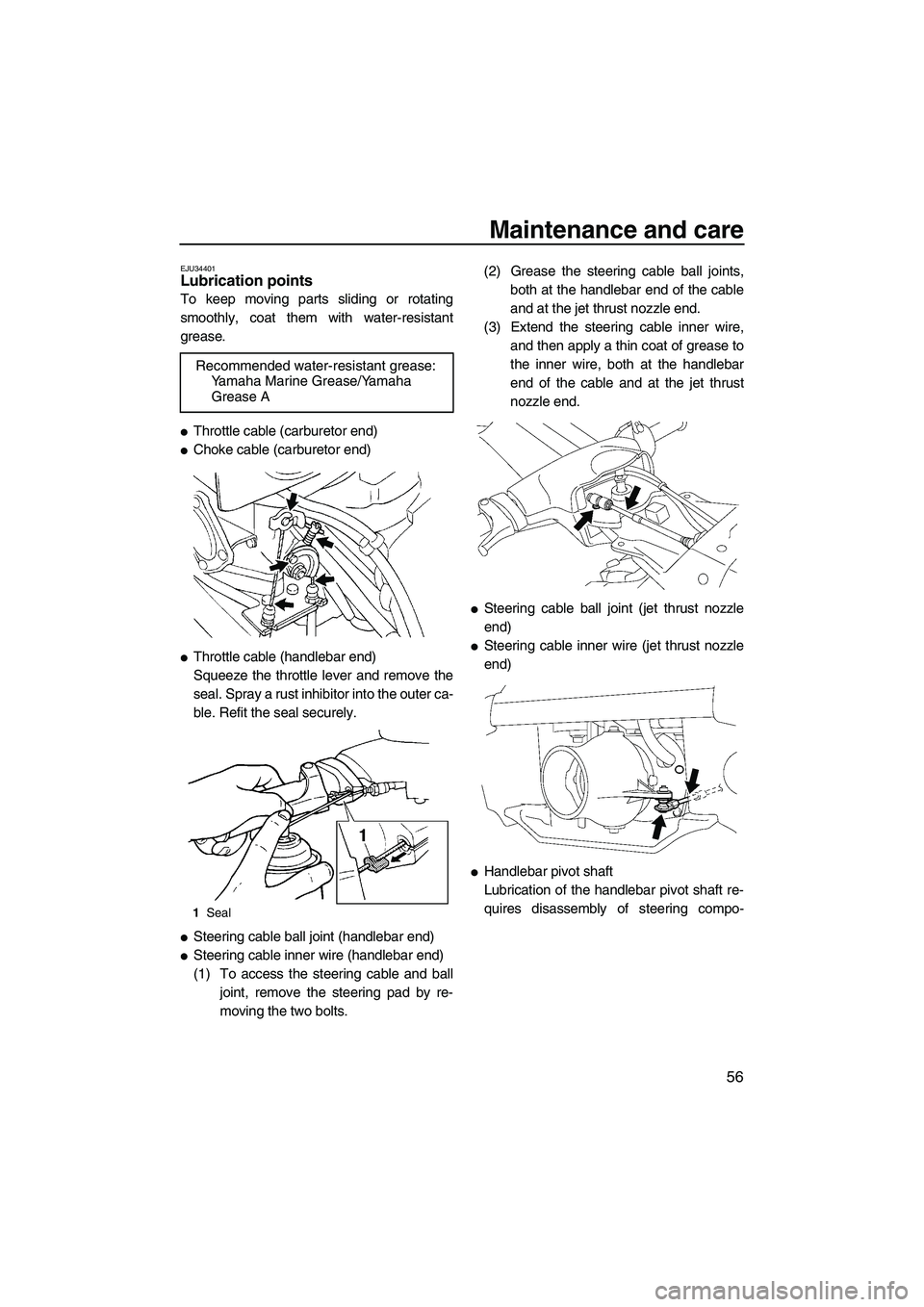 YAMAHA SUPERJET 2009 Repair Manual Maintenance and care
56
EJU34401Lubrication points 
To keep moving parts sliding or rotating
smoothly, coat them with water-resistant
grease.
Throttle cable (carburetor end)
Choke cable (carburetor 