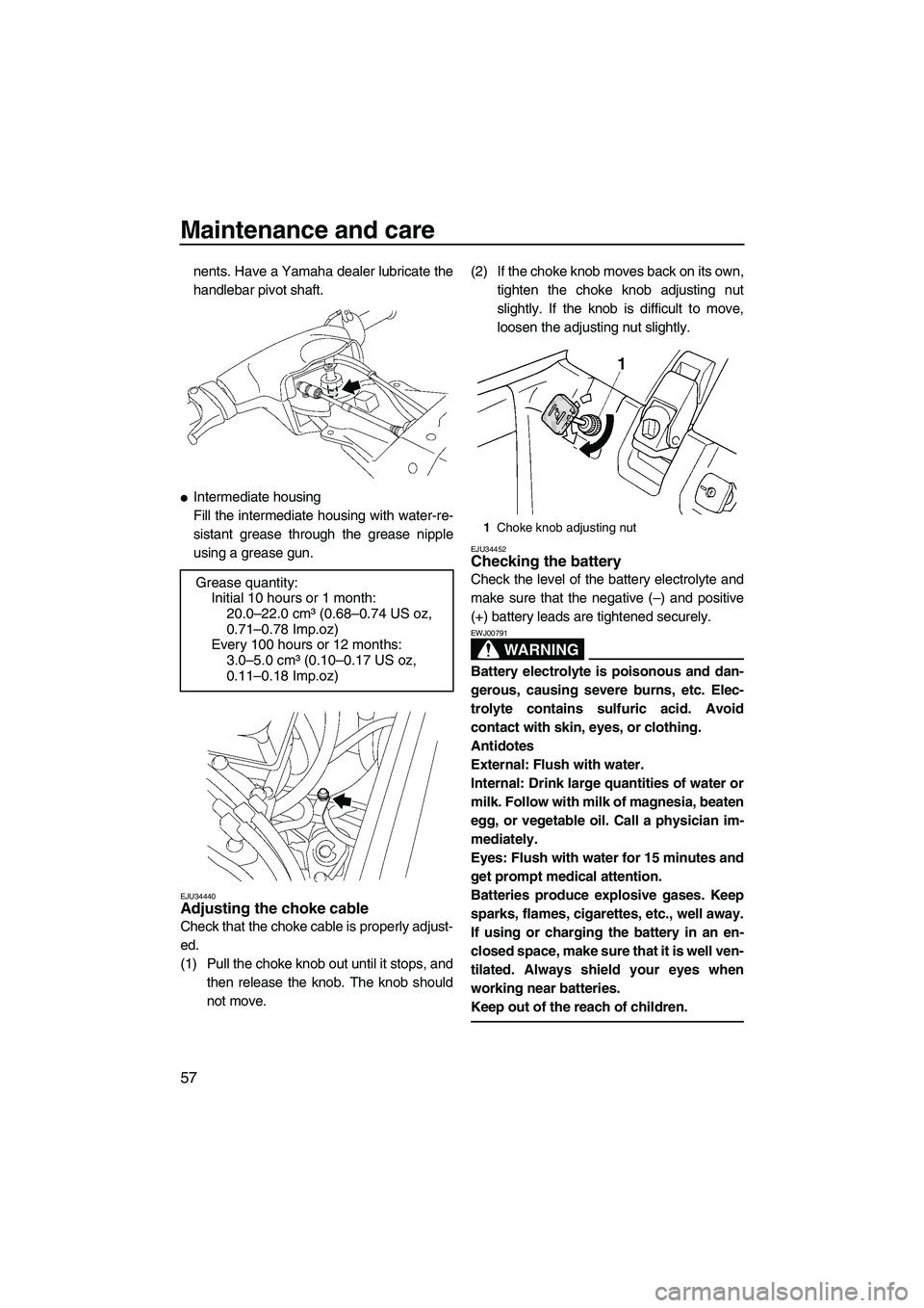 YAMAHA SUPERJET 2009 Repair Manual Maintenance and care
57
nents. Have a Yamaha dealer lubricate the
handlebar pivot shaft.
Intermediate housing
Fill the intermediate housing with water-re-
sistant grease through the grease nipple
usi