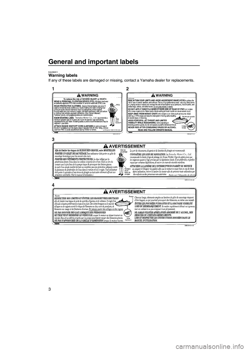YAMAHA SUPERJET 2009 Owners Manual General and important labels
3
EJU35911Warning labels
If any of these labels are damaged or missing, contact a Yamaha dealer for replacements.
UF2F71E0.book Page 3 Thursday, April 10, 2008 11:47 A YAMAHA SUPERJET 2009 Owners Manual General and important labels
3
EJU35911Warning labels
If any of these labels are damaged or missing, contact a Yamaha dealer for replacements.
UF2F71E0.book Page 3 Thursday, April 10, 2008 11:47 A