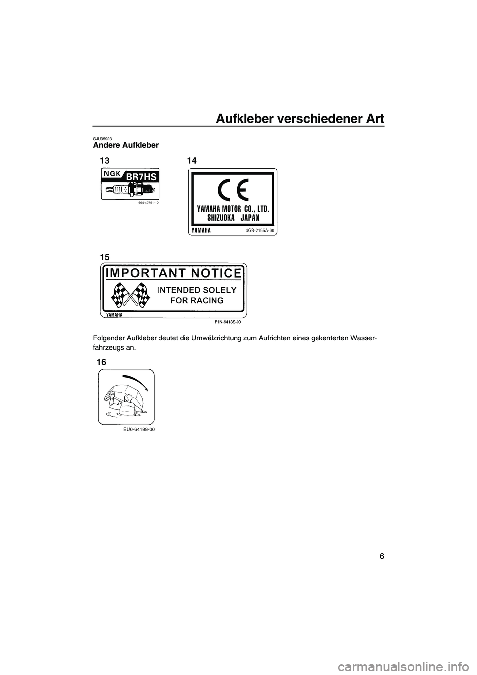 YAMAHA SUPERJET 2009  Betriebsanleitungen (in German) Aufkleber verschiedener Art
6
GJU35923Andere Aufkleber 
Folgender Aufkleber deutet die Umwälzrichtung zum Aufrichten eines gekenterten Wasser-
fahrzeugs an.
UF2F71G0.book  Page 6  Thursday, April 10,