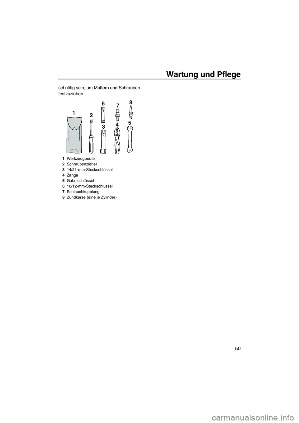 YAMAHA SUPERJET 2009  Betriebsanleitungen (in German) Wartung und Pflege
50
sel nötig sein, um Muttern und Schrauben 
festzuziehen.
1Werkzeugbeutel
2Schraubenzieher
314/21-mm-Steckschlüssel
4Zange
5Gabelschlüssel
610/12-mm-Steckschlüssel
7Schlauchkup