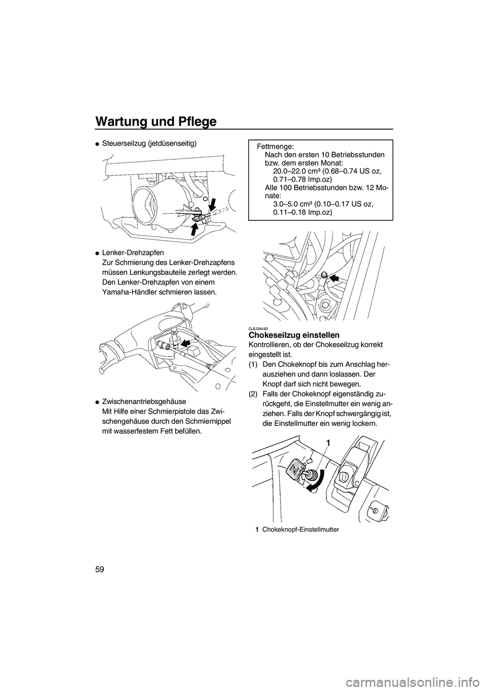 YAMAHA SUPERJET 2009  Betriebsanleitungen (in German) Wartung und Pflege
59
Steuerseilzug (jetdüsenseitig)
Lenker-Drehzapfen
Zur Schmierung des Lenker-Drehzapfens 
müssen Lenkungsbauteile zerlegt werden. 
Den Lenker-Drehzapfen von einem 
Yamaha-Händ