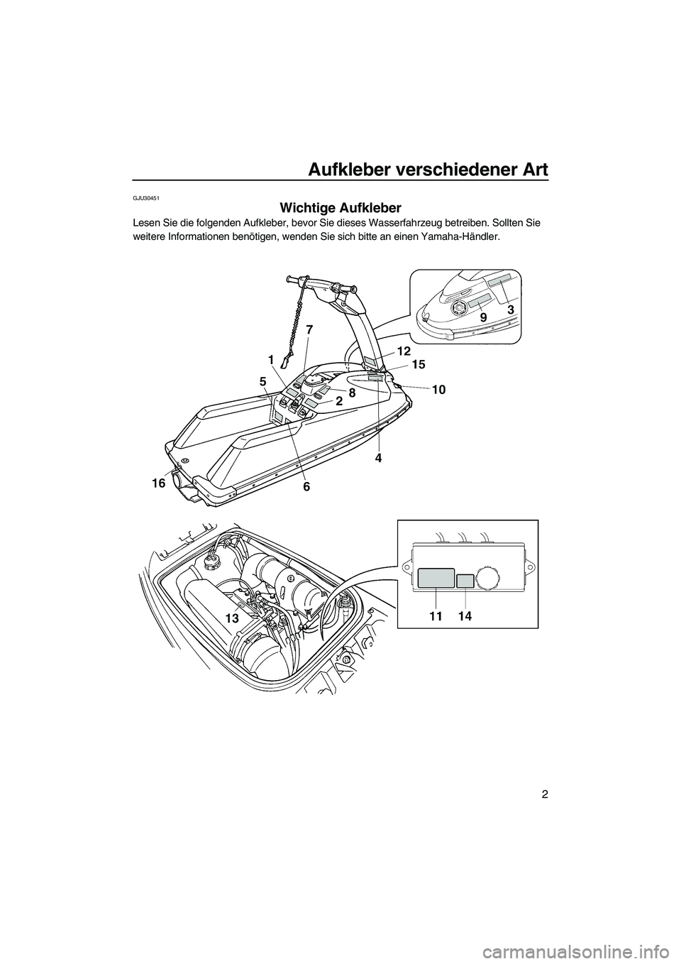 YAMAHA SUPERJET 2009 Betriebsanleitungen (in German) Aufkleber verschiedener Art
2
GJU30451
Wichtige Aufkleber
Lesen Sie die folgenden Aufkleber, bevor Sie dieses Wasserfahrzeug betreiben. Sollten Sie
weitere Informationen benötigen, wenden Sie sich YAMAHA SUPERJET 2009 Betriebsanleitungen (in German) Aufkleber verschiedener Art
2
GJU30451
Wichtige Aufkleber
Lesen Sie die folgenden Aufkleber, bevor Sie dieses Wasserfahrzeug betreiben. Sollten Sie
weitere Informationen benötigen, wenden Sie sich
