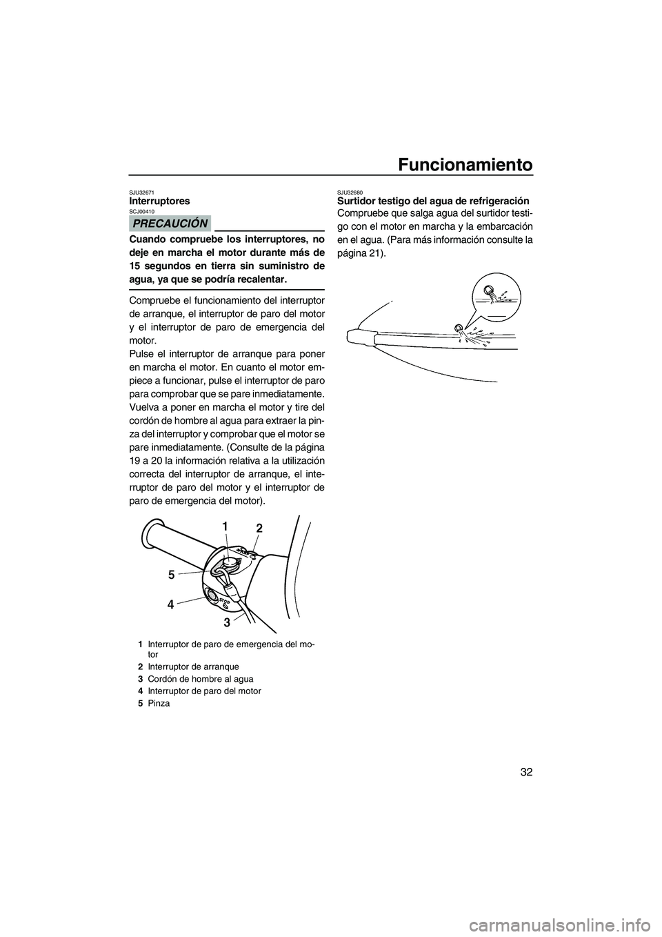 YAMAHA SUPERJET 2009  Manuale de Empleo (in Spanish) Funcionamiento
32
SJU32671Interruptores 
PRECAUCIÓN
SCJ00410
Cuando compruebe los interruptores, no
deje en marcha el motor durante más de
15 segundos en tierra sin suministro de
agua, ya que se pod