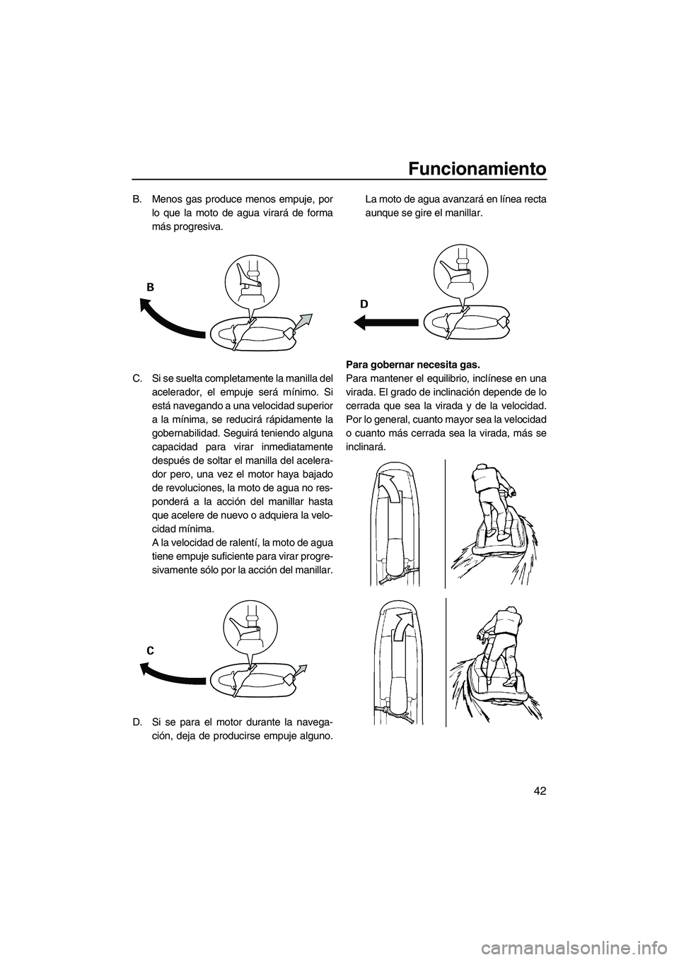 YAMAHA SUPERJET 2009  Manuale de Empleo (in Spanish) Funcionamiento
42
B. Menos gas produce menos empuje, por
lo que la moto de agua virará de forma
más progresiva.
C. Si se suelta completamente la manilla del
acelerador, el empuje será mínimo. Si
e