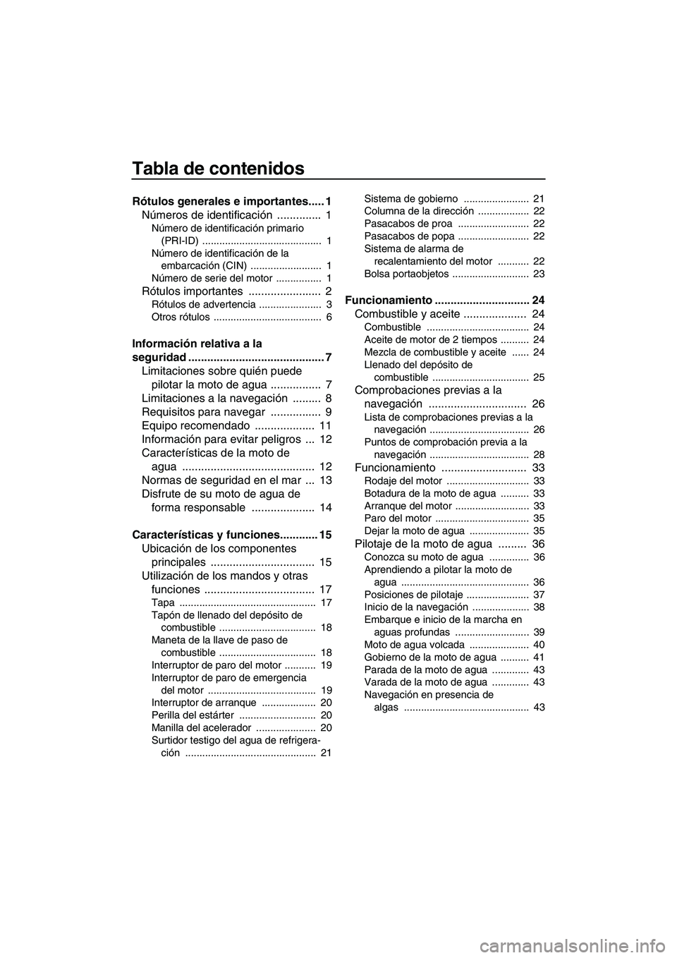 YAMAHA SUPERJET 2009 Manuale de Empleo (in Spanish) Tabla de contenidos
Rótulos generales e importantes..... 1
Números de identificación .............. 1
Número de identificación primario
(PRI-ID) .......................................... 1
N YAMAHA SUPERJET 2009 Manuale de Empleo (in Spanish) Tabla de contenidos
Rótulos generales e importantes..... 1
Números de identificación .............. 1
Número de identificación primario
(PRI-ID) .......................................... 1
N