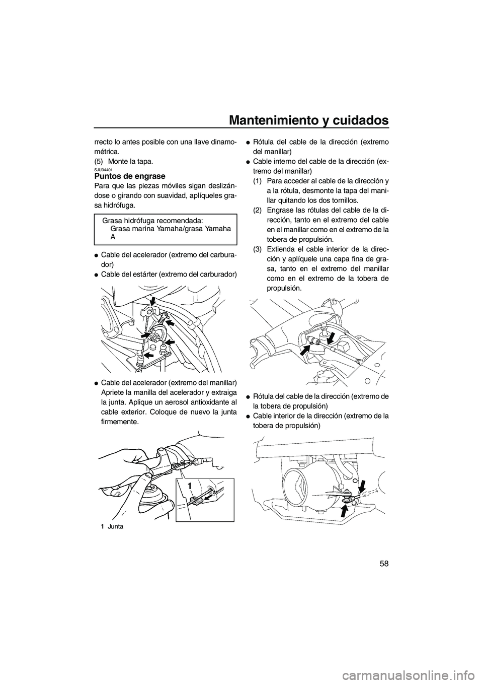 YAMAHA SUPERJET 2009  Manuale de Empleo (in Spanish) Mantenimiento y cuidados
58
rrecto lo antes posible con una llave dinamo-
métrica.
(5) Monte la tapa.
SJU34401Puntos de engrase 
Para que las piezas móviles sigan deslizán-
dose o girando con suavi