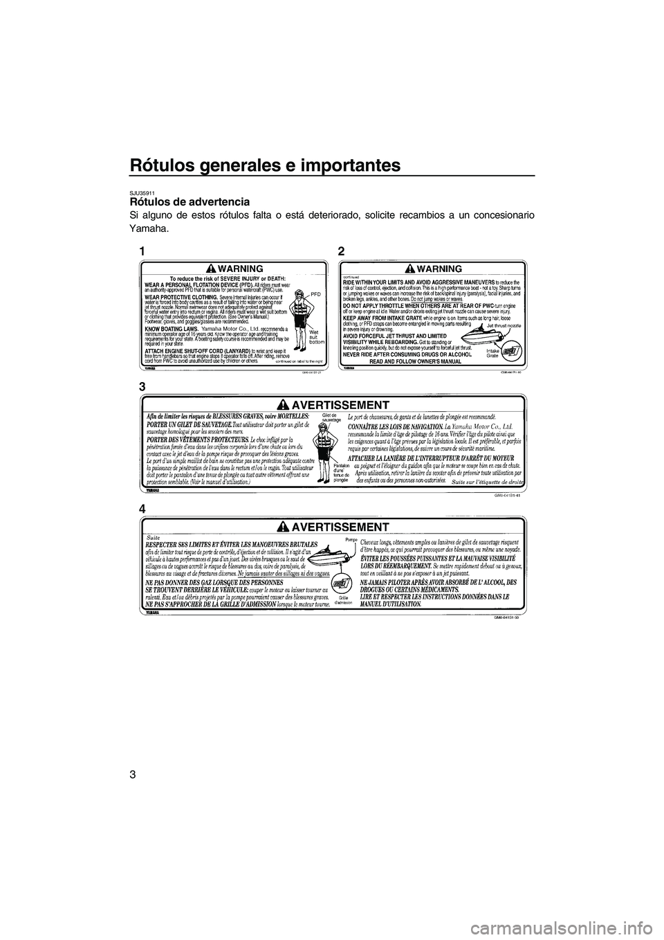 YAMAHA SUPERJET 2009  Manuale de Empleo (in Spanish) Rótulos generales e importantes
3
SJU35911Rótulos de advertencia 
Si alguno de estos rótulos falta o está deteriorado, solicite recambios a un concesionario
Yamaha.
UF2F71S0.book  Page 3  Thursday