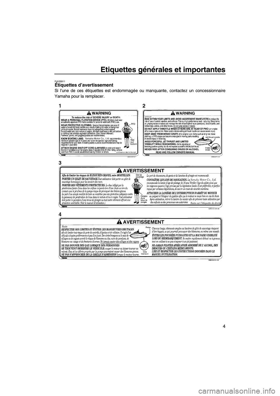YAMAHA SUPERJET 2009  Notices Demploi (in French) Etiquettes générales et importantes
4
FJU35911Étiquettes d’avertissement 
Si l’une de ces étiquettes est endommagée ou manquante, contactez un concessionnaire
Yamaha pour la remplacer.
UF2F71