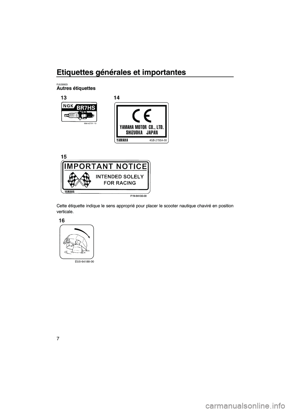 YAMAHA SUPERJET 2009  Notices Demploi (in French) Etiquettes générales et importantes
7
FJU35923Autres étiquettes 
Cette étiquette indique le sens approprié pour placer le scooter nautique chaviré en position
verticale.
UF2F71F0.book  Page 7  T