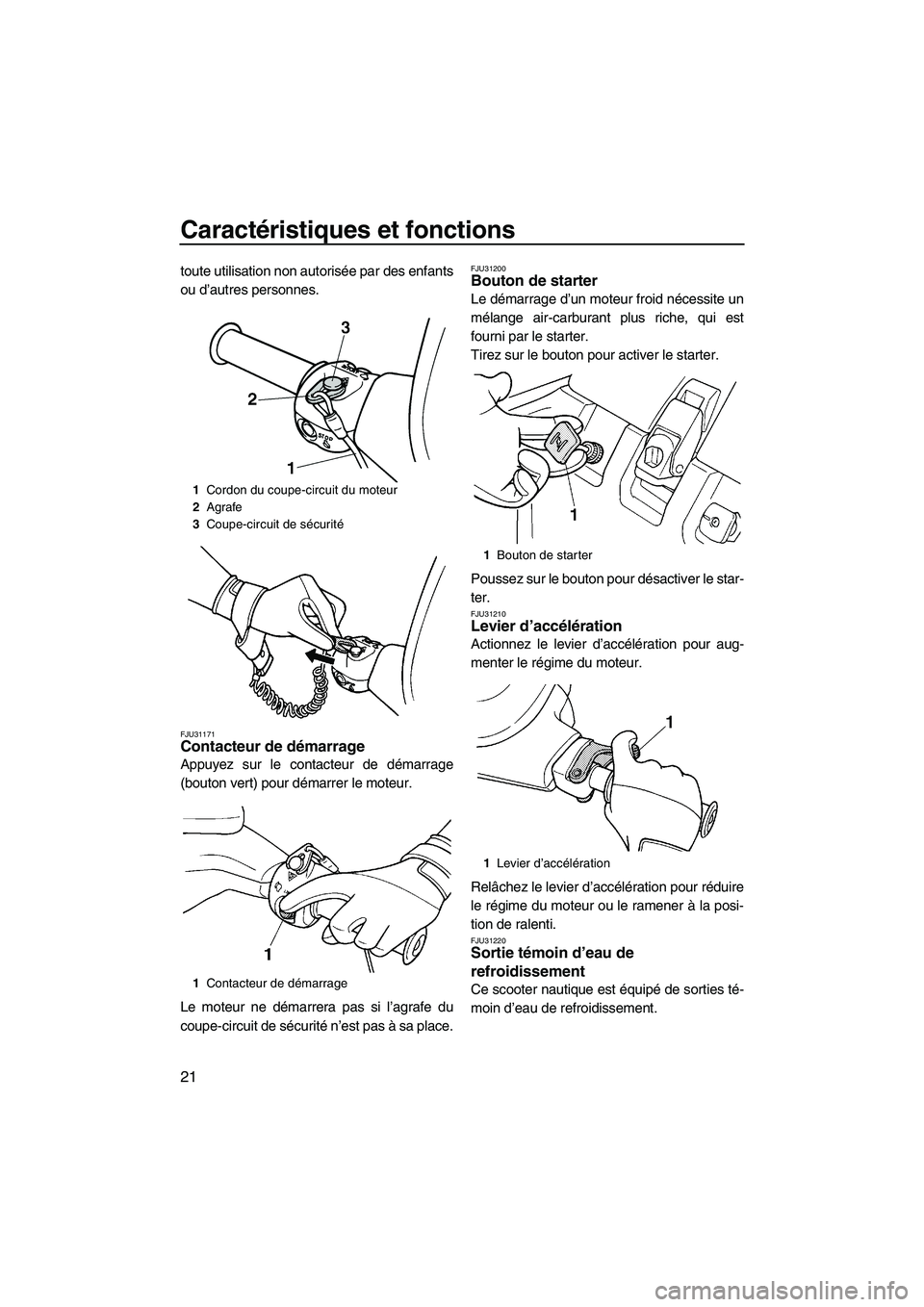 YAMAHA SUPERJET 2009  Notices Demploi (in French) Caractéristiques et fonctions
21
toute utilisation non autorisée par des enfants
ou d’autres personnes.
FJU31171Contacteur de démarrage 
Appuyez sur le contacteur de démarrage
(bouton vert) pour