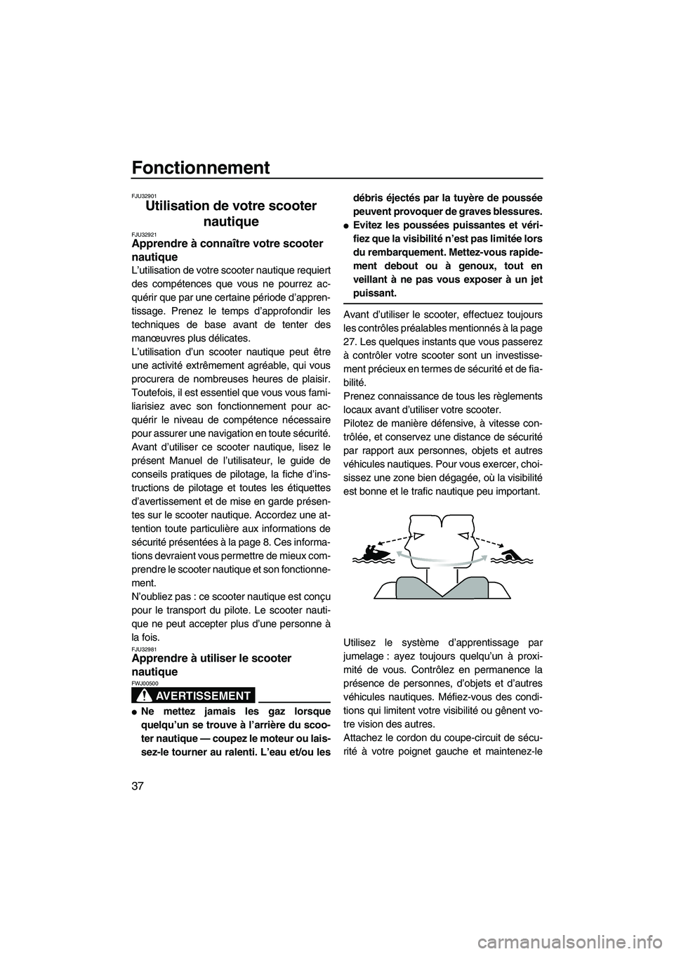 YAMAHA SUPERJET 2009  Notices Demploi (in French) Fonctionnement
37
FJU32901
Utilisation de votre scooter 
nautique 
FJU32921Apprendre à connaître votre scooter 
nautique 
L’utilisation de votre scooter nautique requiert
des compétences que vous