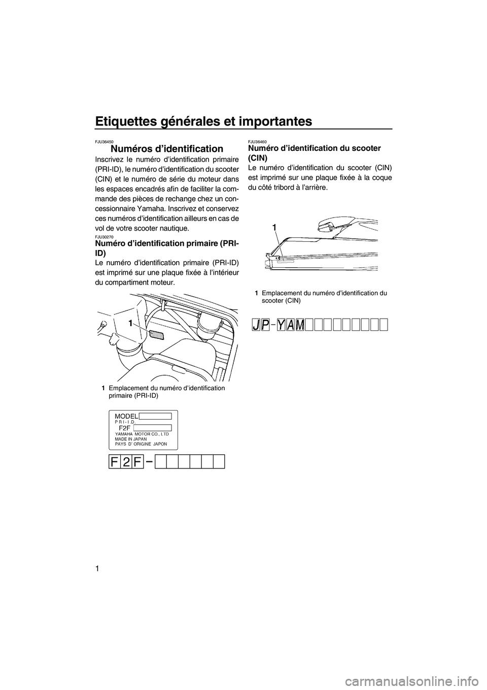 YAMAHA SUPERJET 2009 Notices Demploi (in French) Etiquettes générales et importantes
1
FJU36450
Numéros d’identification
Inscrivez le numéro d’identification primaire
(PRI-ID), le numéro d’identification du scooter
(CIN) et le numéro de YAMAHA SUPERJET 2009 Notices Demploi (in French) Etiquettes générales et importantes
1
FJU36450
Numéros d’identification
Inscrivez le numéro d’identification primaire
(PRI-ID), le numéro d’identification du scooter
(CIN) et le numéro de