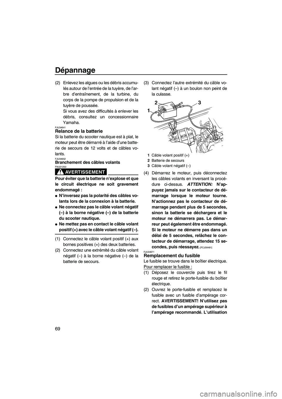 YAMAHA SUPERJET 2009 Notices Demploi (in French) Dépannage
69
(2) Enlevez les algues ou les débris accumu-
lés autour de l’entrée de la tuyère, de l’ar-
bre d’entraînement, de la turbine, du
corps de la pompe de propulsion et de la
tuyè YAMAHA SUPERJET 2009 Notices Demploi (in French) Dépannage
69
(2) Enlevez les algues ou les débris accumu-
lés autour de l’entrée de la tuyère, de l’ar-
bre d’entraînement, de la turbine, du
corps de la pompe de propulsion et de la
tuyè