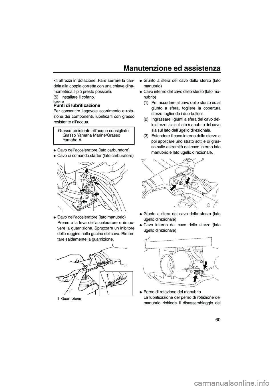 YAMAHA SUPERJET 2009  Manuale duso (in Italian) Manutenzione ed assistenza
60
kit attrezzi in dotazione. Fare serrare la can-
dela alla coppia corretta con una chiave dina-
mometrica il più presto possibile.
(5) Installare il cofano.
HJU34401Punti