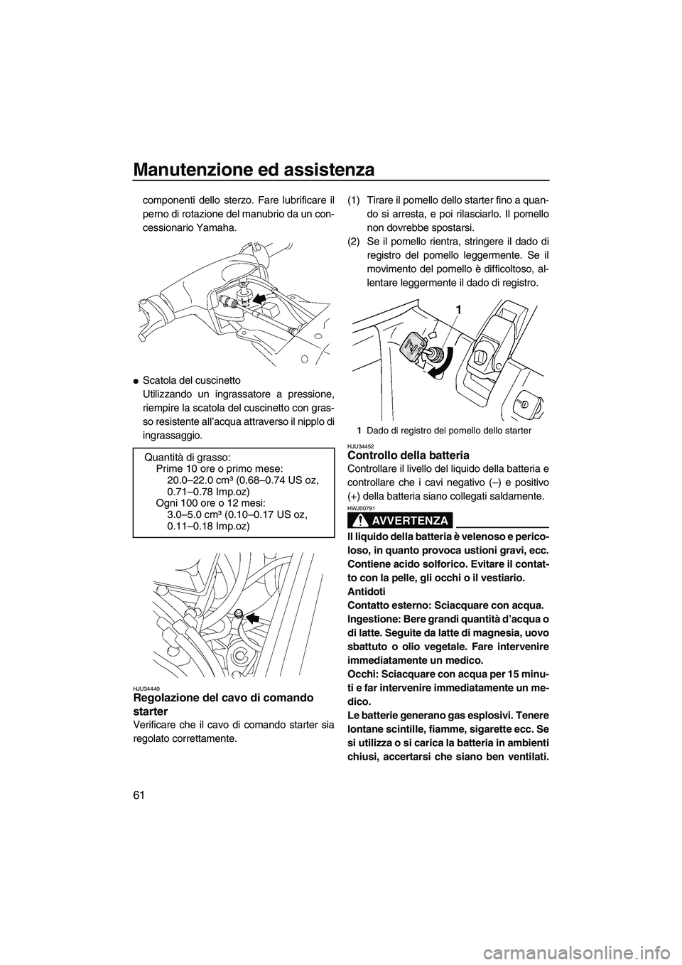 YAMAHA SUPERJET 2009  Manuale duso (in Italian) Manutenzione ed assistenza
61
componenti dello sterzo. Fare lubrificare il
perno di rotazione del manubrio da un con-
cessionario Yamaha.
Scatola del cuscinetto
Utilizzando un ingrassatore a pression