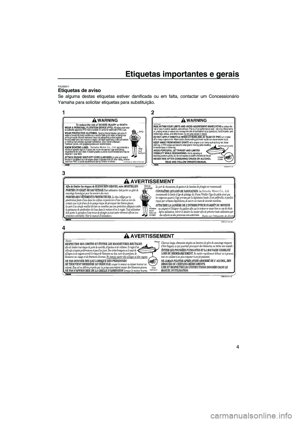 YAMAHA SUPERJET 2009  Manual de utilização (in Portuguese) Etiquetas importantes e gerais
4
PJU35911Etiquetas de aviso 
Se alguma destas etiquetas estiver danificada ou em falta, contactar um Concessionário
Yamaha para solicitar etiquetas para substituição