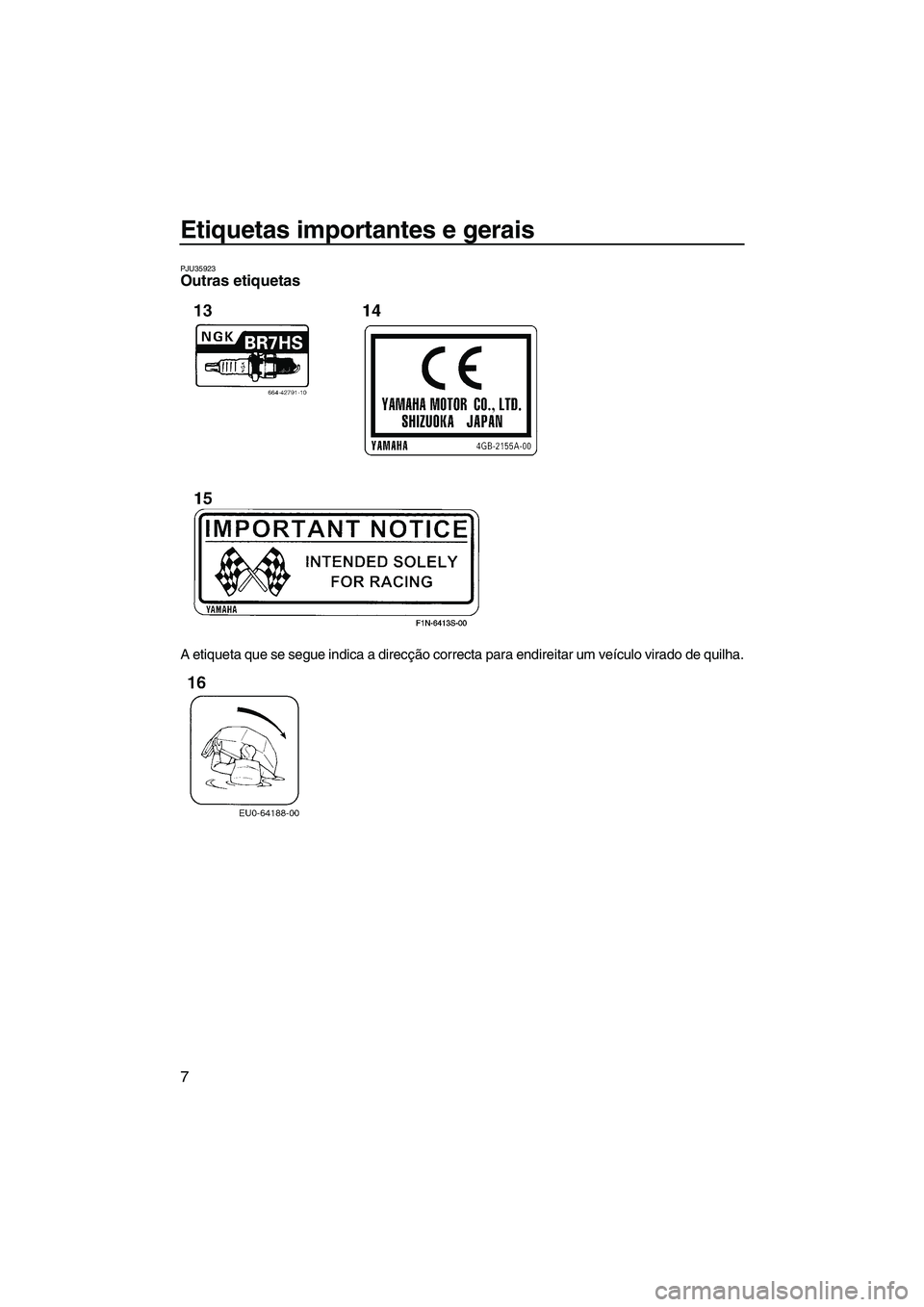 YAMAHA SUPERJET 2009  Manual de utilização (in Portuguese) Etiquetas importantes e gerais
7
PJU35923Outras etiquetas 
A etiqueta que se segue indica a direcção correcta para endireitar um veículo virado de quilha.
UF2F71P0.book  Page 7  Thursday, April 10,