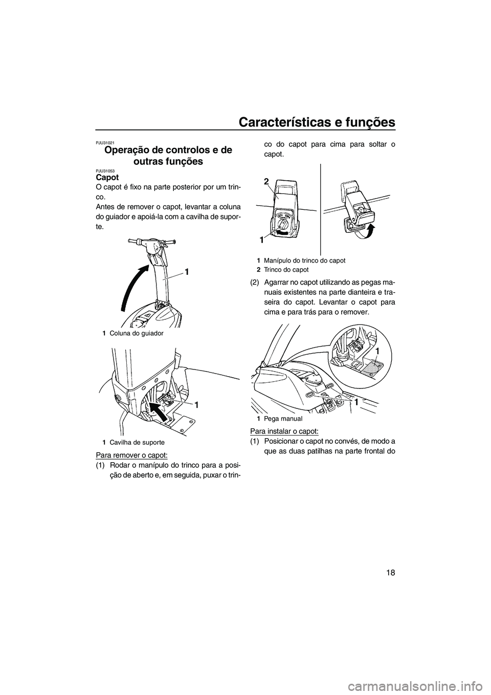 YAMAHA SUPERJET 2009  Manual de utilização (in Portuguese) Características e funções
18
PJU31021
Operação de controlos e de 
outras funções 
PJU31053Capot 
O capot é fixo na parte posterior por um trin-
co.
Antes de remover o capot, levantar a coluna
