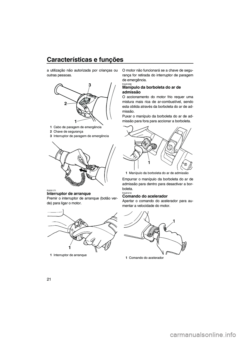 YAMAHA SUPERJET 2009  Manual de utilização (in Portuguese) Características e funções
21
a utilização não autorizada por crianças ou
outras pessoas.
PJU31171Interruptor de arranque 
Premir o interruptor de arranque (botão ver-
de) para ligar o motor.O 