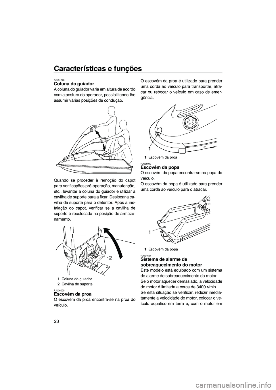 YAMAHA SUPERJET 2009  Manual de utilização (in Portuguese) Características e funções
23
PJU31270Coluna do guiador 
A coluna do guiador varia em altura de acordo
com a postura do operador, possibilitando-lhe
assumir várias posições de condução.
Quando 