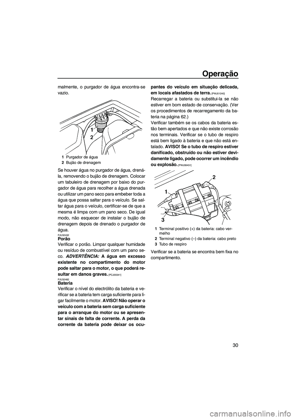 YAMAHA SUPERJET 2009  Manual de utilização (in Portuguese) Operação
30
malmente, o purgador de água encontra-se
vazio.
Se houver água no purgador de água, drená-
la, removendo o bujão de drenagem. Colocar
um tabuleiro de drenagem por baixo do pur-
gado
