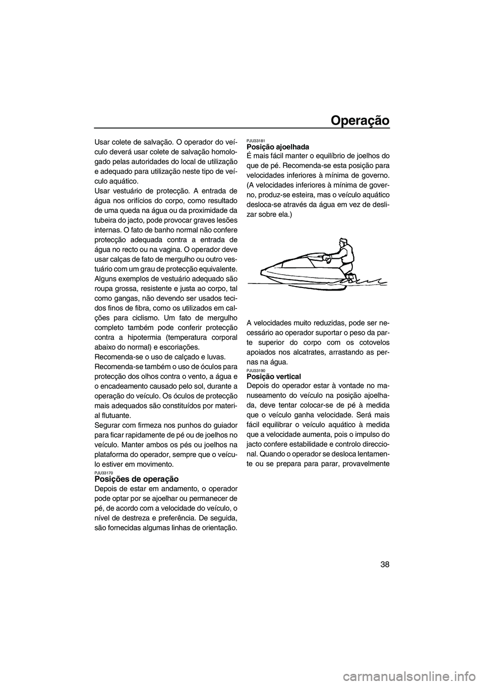 YAMAHA SUPERJET 2009  Manual de utilização (in Portuguese) Operação
38
Usar colete de salvação. O operador do veí-
culo deverá usar colete de salvação homolo-
gado pelas autoridades do local de utilização
e adequado para utilização neste tipo de v