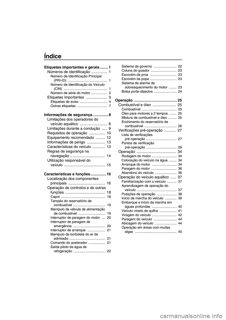 YAMAHA SUPERJET 2009 Manual de utilização (in Portuguese) Índice
Etiquetas importantes e gerais ........ 1
Números de identificação ............... 1
Número de Identificação Principal
(PRI-ID) .......................................... 1
Número de YAMAHA SUPERJET 2009 Manual de utilização (in Portuguese) Índice
Etiquetas importantes e gerais ........ 1
Números de identificação ............... 1
Número de Identificação Principal
(PRI-ID) .......................................... 1
Número de