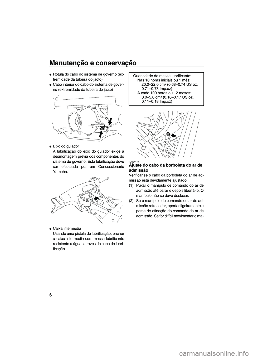 YAMAHA SUPERJET 2009  Manual de utilização (in Portuguese) Manutenção e conservação
61
Rótula do cabo do sistema de governo (ex-
tremidade da tubeira do jacto)
Cabo interior do cabo do sistema de gover-
no (extremidade da tubeira do jacto)
Eixo do gui