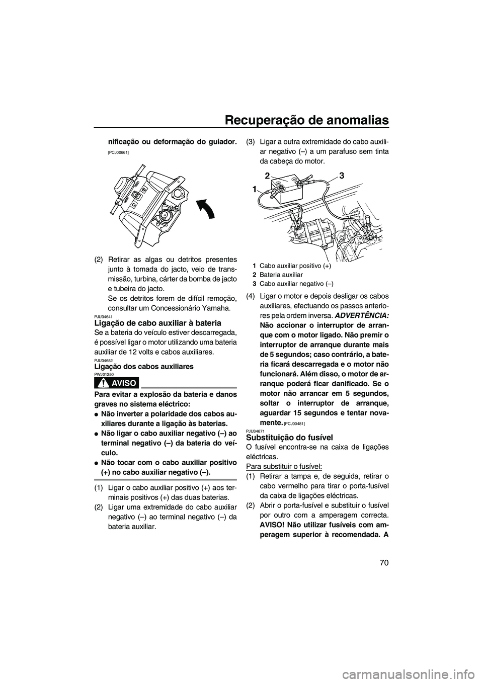 YAMAHA SUPERJET 2009  Manual de utilização (in Portuguese) Recuperação de anomalias
70
nificação ou deformação do guiador.
[PCJ00661]
(2) Retirar as algas ou detritos presentes
junto à tomada do jacto, veio de trans-
missão, turbina, cárter da bomba 