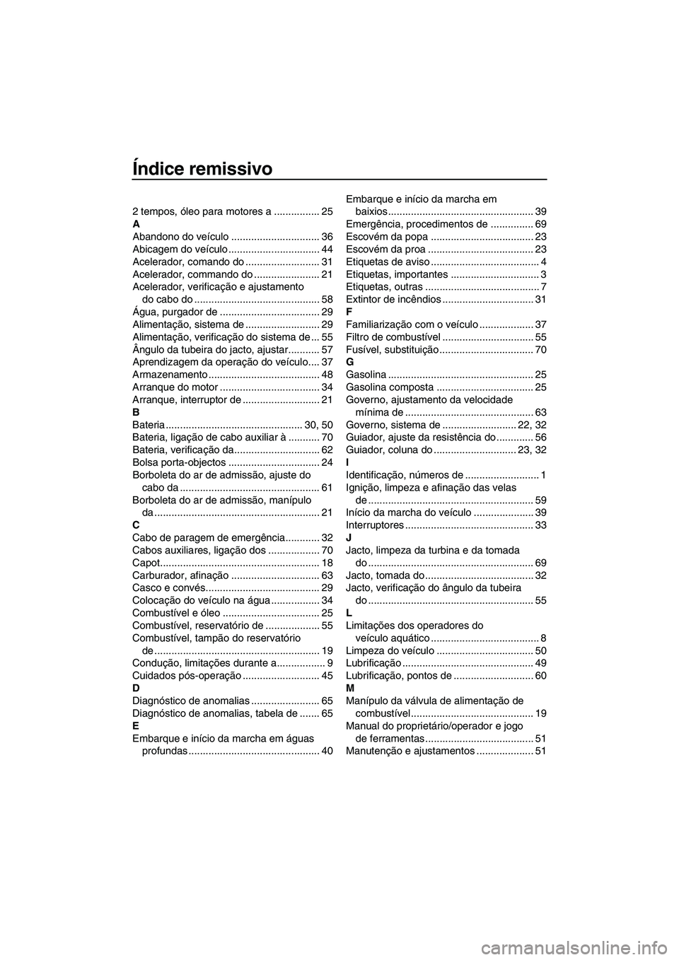 YAMAHA SUPERJET 2009 Manual de utilização (in Portuguese) Índice remissivo
2 tempos, óleo para motores a ................ 25
A
Abandono do veículo ............................... 36
Abicagem do veículo ................................ 44
Acelerador, coma YAMAHA SUPERJET 2009 Manual de utilização (in Portuguese) Índice remissivo
2 tempos, óleo para motores a ................ 25
A
Abandono do veículo ............................... 36
Abicagem do veículo ................................ 44
Acelerador, coma