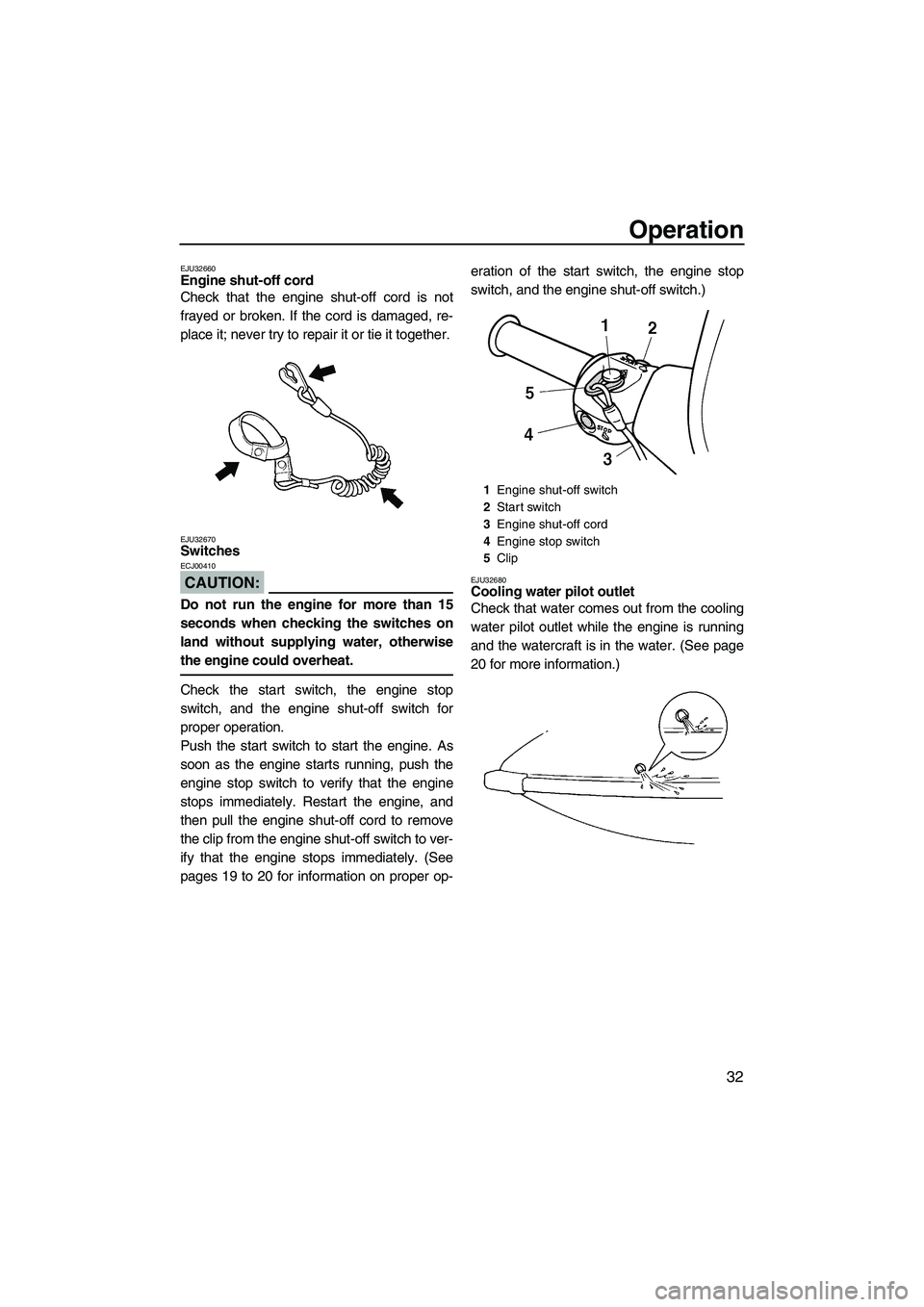YAMAHA SUPERJET 2008 Owners Guide Operation
32
EJU32660Engine shut-off cord 
Check that the engine shut-off cord is not
frayed or broken. If the cord is damaged, re-
place it; never try to repair it or tie it together.
EJU32670Switche