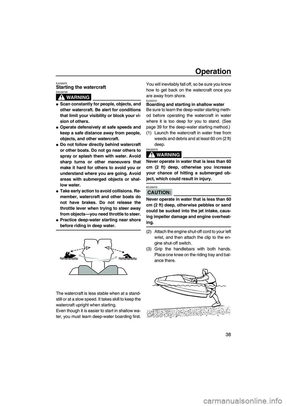 YAMAHA SUPERJET 2008 Service Manual Operation
38
EJU33070Starting the watercraft 
WARNING
EWJ00700
Scan constantly for people, objects, and
other watercraft. Be alert for conditions
that limit your visibility or block your vi-
sion of 