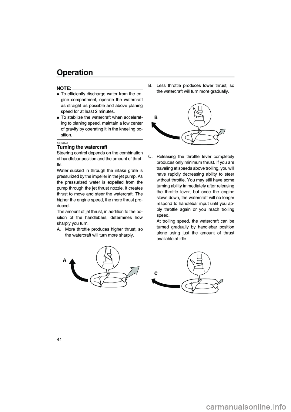 YAMAHA SUPERJET 2008 Service Manual Operation
41
NOTE:
To efficiently discharge water from the en-
gine compartment, operate the watercraft
as straight as possible and above planing
speed for at least 2 minutes.
To stabilize the water