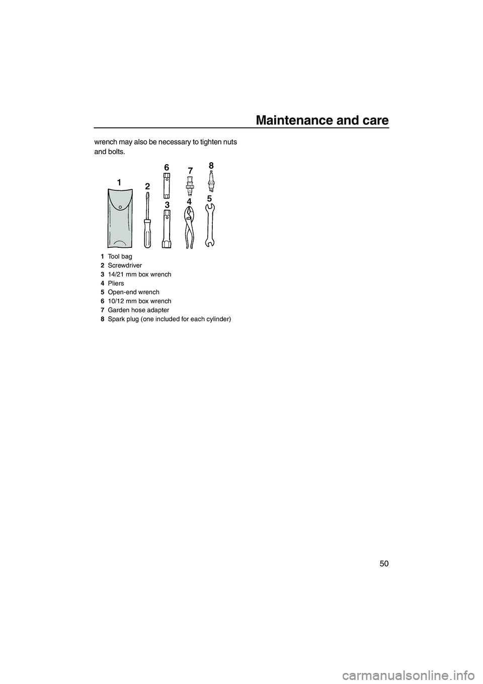 YAMAHA SUPERJET 2008 Workshop Manual Maintenance and care
50
wrench may also be necessary to tighten nuts
and bolts.
1Tool bag
2Screwdriver
314/21 mm box wrench
4Pliers
5Open-end wrench
610/12 mm box wrench
7Garden hose adapter
8Spark pl