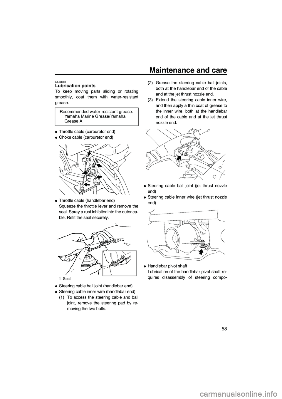 YAMAHA SUPERJET 2008 Repair Manual Maintenance and care
58
EJU34400Lubrication points 
To keep moving parts sliding or rotating
smoothly, coat them with water-resistant
grease.
Throttle cable (carburetor end)
Choke cable (carburetor 