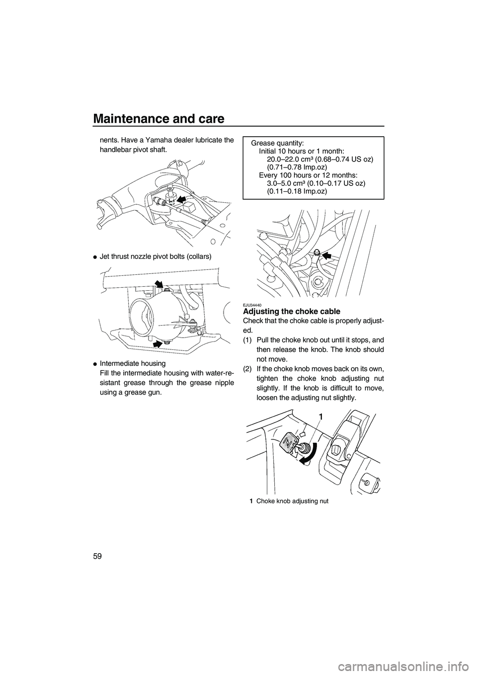 YAMAHA SUPERJET 2008 Repair Manual Maintenance and care
59
nents. Have a Yamaha dealer lubricate the
handlebar pivot shaft.
Jet thrust nozzle pivot bolts (collars)
Intermediate housing
Fill the intermediate housing with water-re-
sis