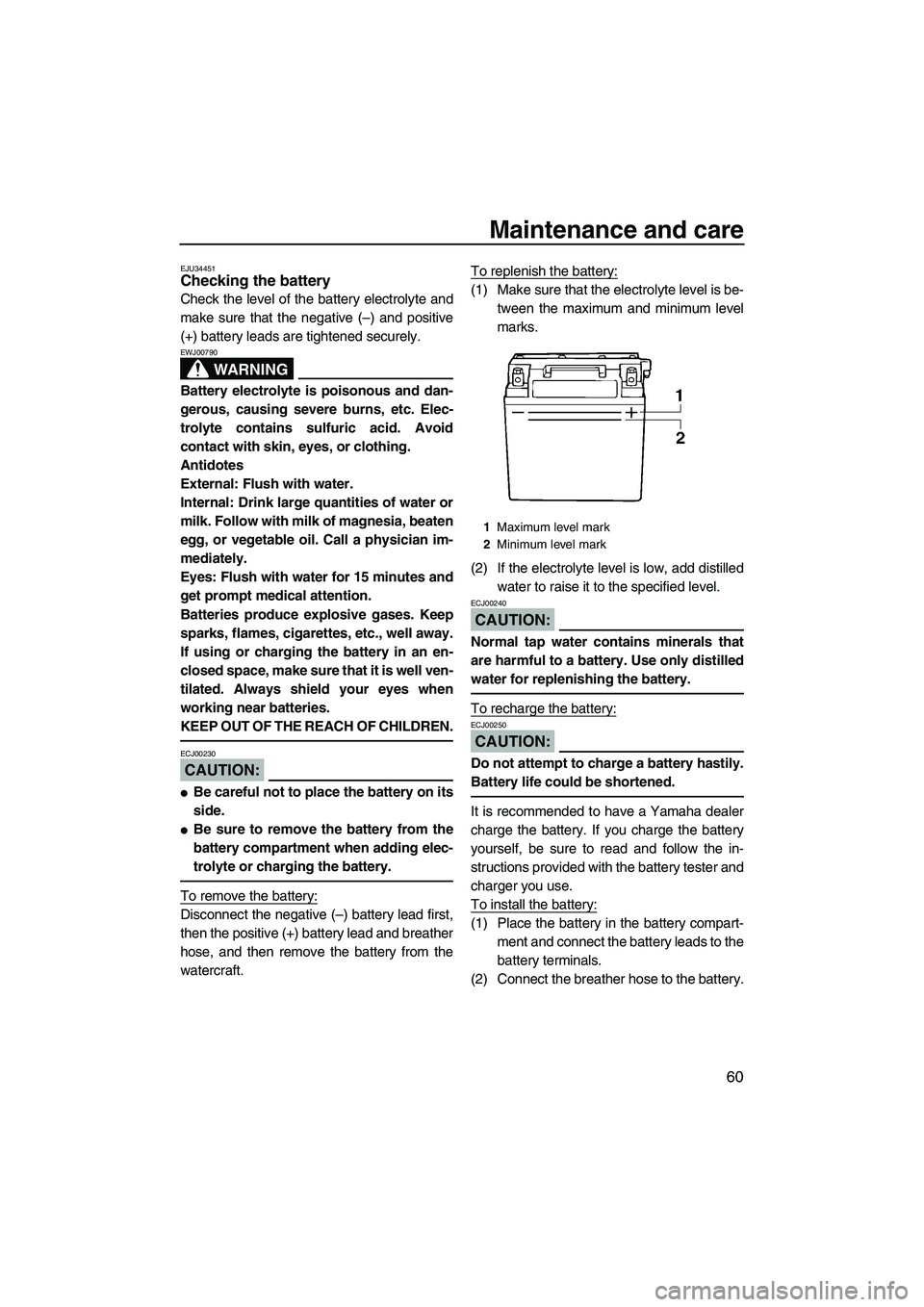 YAMAHA SUPERJET 2008  Owners Manual Maintenance and care
60
EJU34451Checking the battery 
Check the level of the battery electrolyte and
make sure that the negative (–) and positive
(+) battery leads are tightened securely.
WARNING
EW