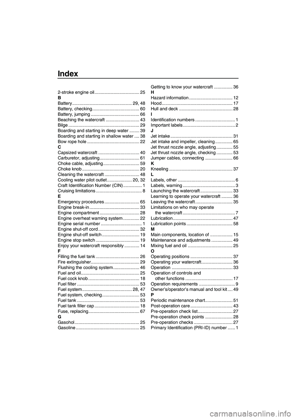 YAMAHA SUPERJET 2008 Owners Manual Index
2-stroke engine oil .................................... 25
B
Battery ................................................ 29, 48
Battery, checking...................................... 60
Battery, YAMAHA SUPERJET 2008 Owners Manual Index
2-stroke engine oil .................................... 25
B
Battery ................................................ 29, 48
Battery, checking...................................... 60
Battery,