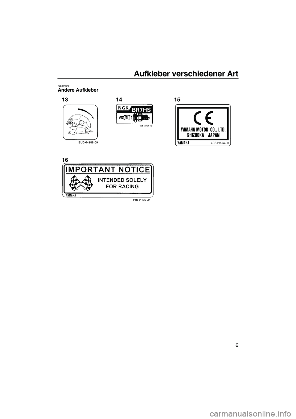 YAMAHA SUPERJET 2008  Betriebsanleitungen (in German) Aufkleber verschiedener Art
6
GJU35922Andere Aufkleber 
UF2F70G0.book  Page 6  Tuesday, April 17, 2007  10:05 AM 