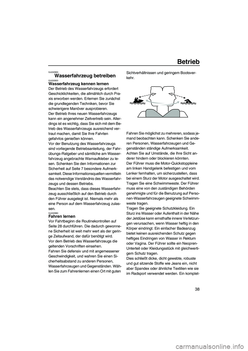 YAMAHA SUPERJET 2008  Betriebsanleitungen (in German) Betrieb
38
GJU32900
Wasserfahrzeug betreiben GJU32920Wasserfahrzeug kennen lernen 
Der Betrieb des Wasserfahrzeugs erfordert 
Geschicklichkeiten, die allmählich durch Pra-
xis erworben werden. Erlern