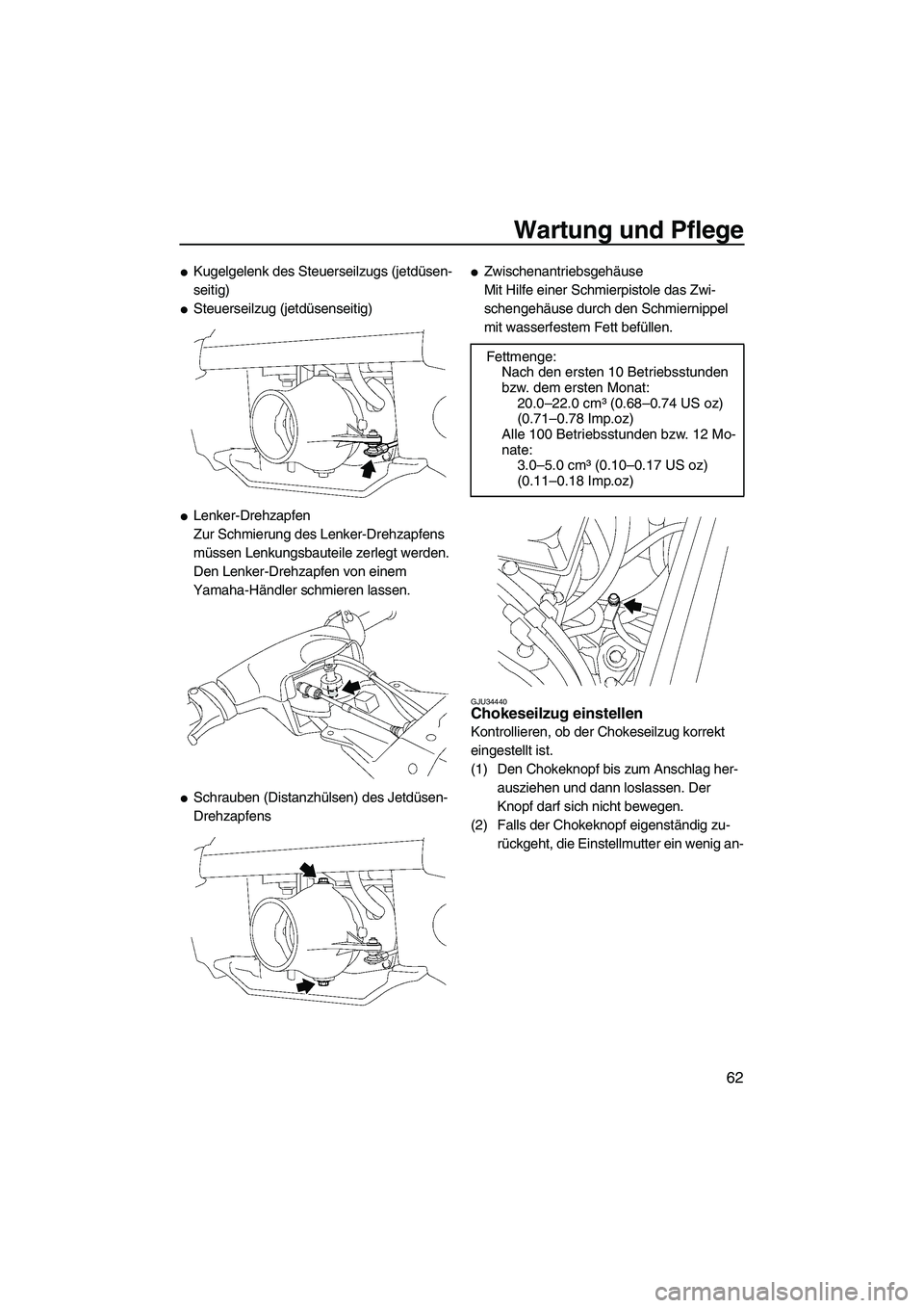 YAMAHA SUPERJET 2008  Betriebsanleitungen (in German) Wartung und Pflege
62
Kugelgelenk des Steuerseilzugs (jetdüsen-
seitig)
Steuerseilzug (jetdüsenseitig)
Lenker-Drehzapfen
Zur Schmierung des Lenker-Drehzapfens 
müssen Lenkungsbauteile zerlegt we