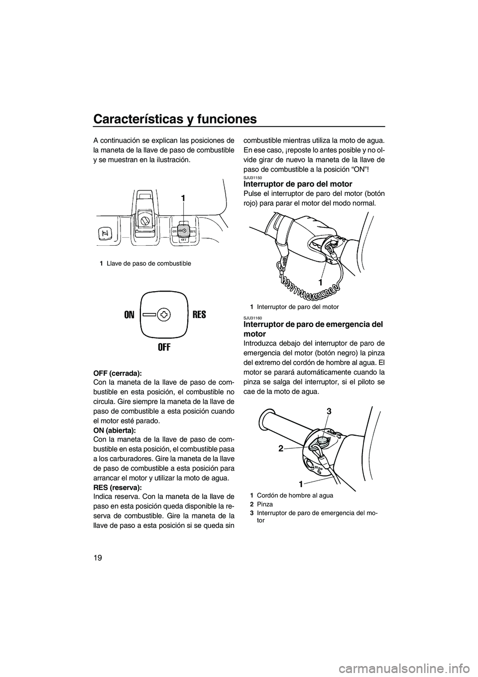 YAMAHA SUPERJET 2008  Manuale de Empleo (in Spanish) Características y funciones
19
A continuación se explican las posiciones de
la maneta de la llave de paso de combustible
y se muestran en la ilustración.
OFF (cerrada):
Con la maneta de la llave de