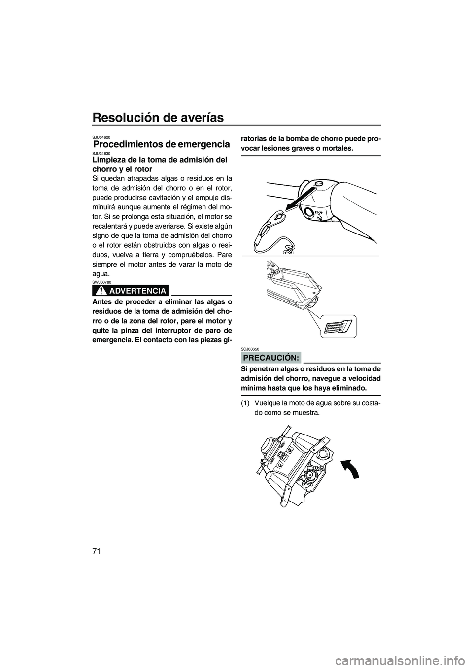 YAMAHA SUPERJET 2008  Manuale de Empleo (in Spanish) Resolución de averías
71
SJU34620
Procedimientos de emergencia SJU34630Limpieza de la toma de admisión del 
chorro y el rotor 
Si quedan atrapadas algas o residuos en la
toma de admisión del chorr