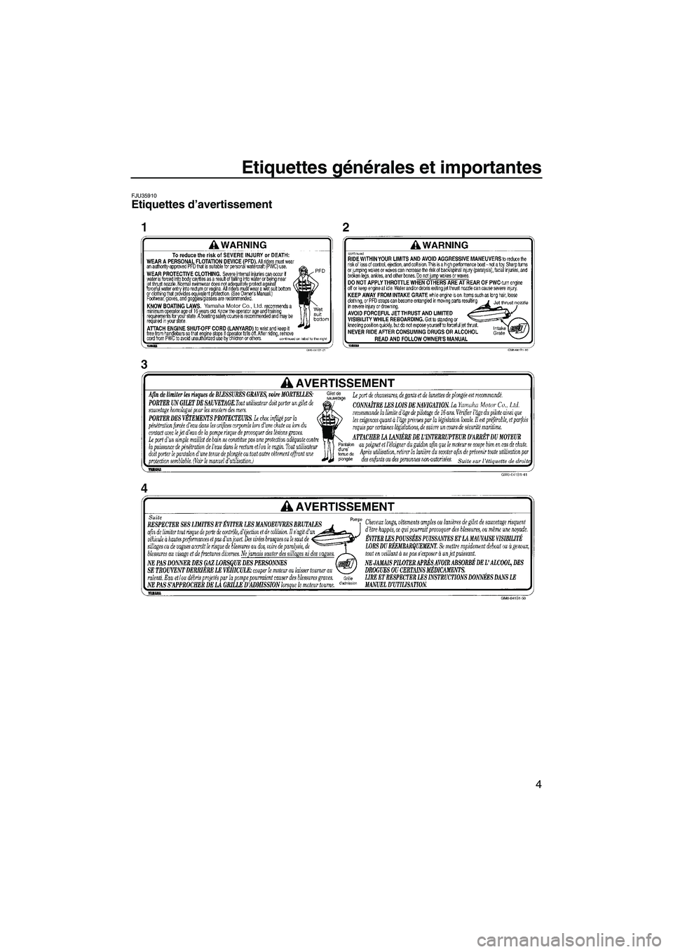 YAMAHA SUPERJET 2008  Notices Demploi (in French) Etiquettes générales et importantes
4
FJU35910Etiquettes d’avertissement 
UF2F70F0.book  Page 4  Tuesday, April 17, 2007  10:04 AM 